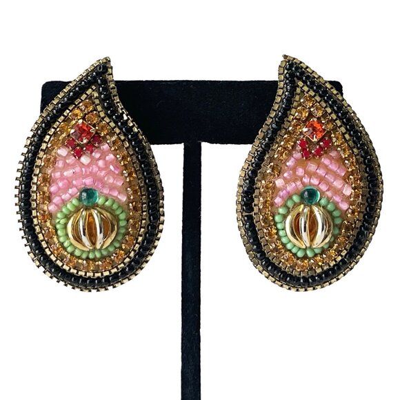 VINTAGE M & J HANSEN DESIGN Pink Green Beaded Clip-On Earrings Signed - Picture 2 of 8